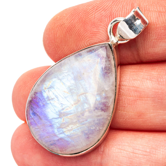 Opalescent rainbow moonstone teardrop pendant in .925 sterling silver, bail at top