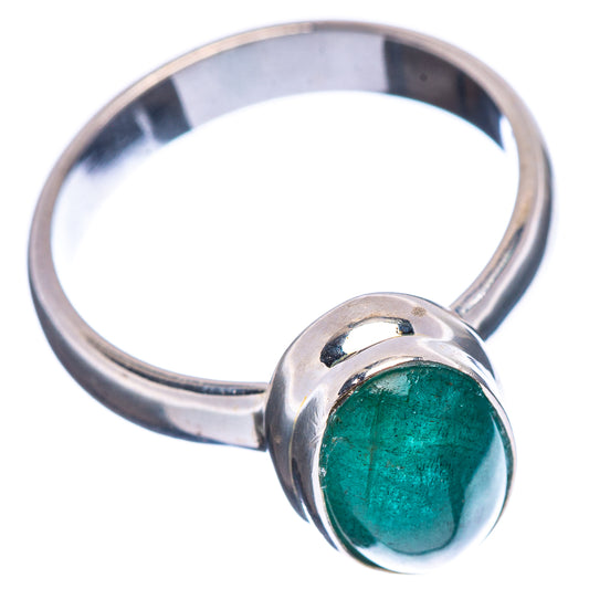 Green emerald oval bezel ring, 925 sterling silver band, size 8