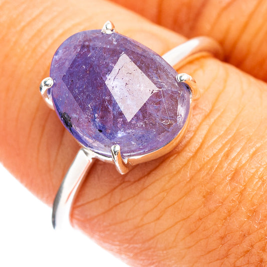 Oval faceted tanzanite ring in sterling silver, purple gemstone with four prongs