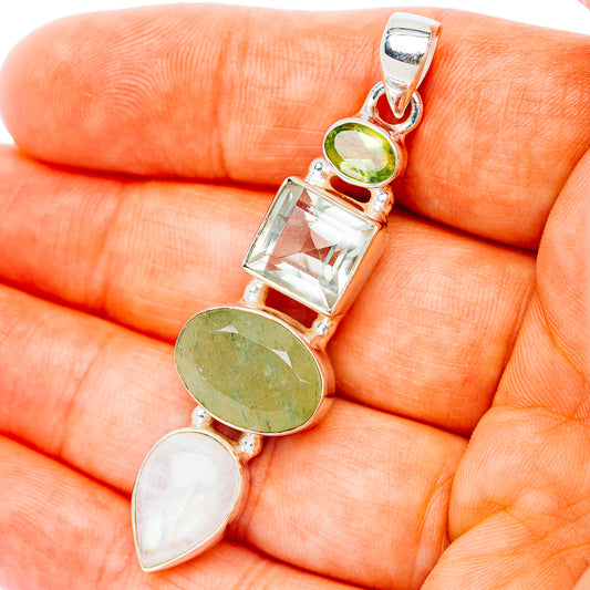 Premium Multi-Gem Rainbow Moonstone, Prehnite,Green Amethyst, Peridot Pendant 2 1/4" (.925 Sterling Silver)