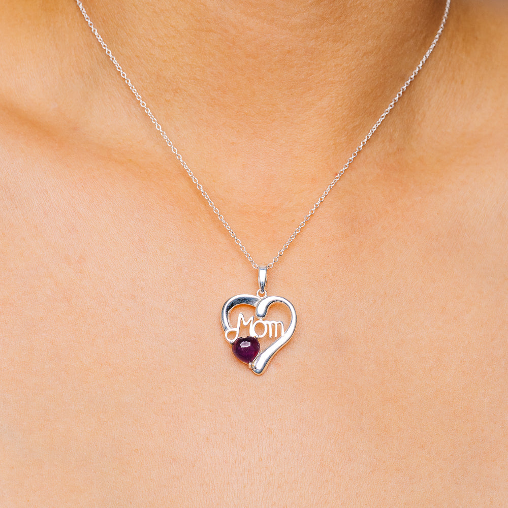 Garnet Mom Necklace 16 to 18" (.925 Sterling Silver)