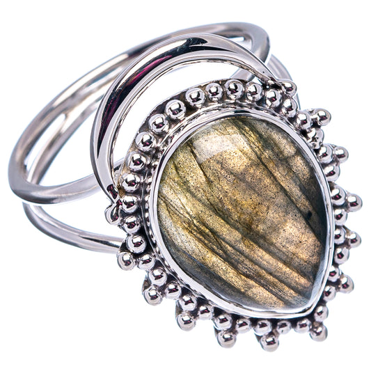 Sterling silver labradorite ring with oval gold-gray stone and beaded halo setting