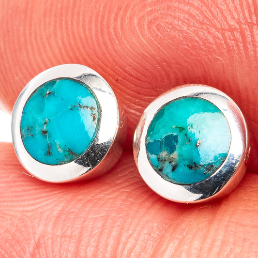 Turquoise round cabochon stud earrings with .925 sterling silver bezels