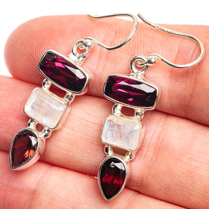 Garnet, Rainbow Moonstone Earrings 1 5/8" (925 Sterling Silver) E432659