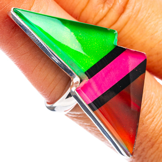 Sterling silver ring with triangular multicolor opal-style gemstone, black band accents