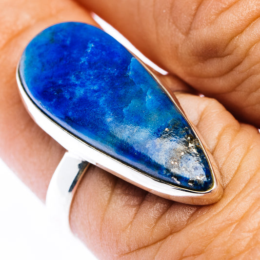 Sterling silver Afghanite ring with blue teardrop stone, close-up on top setting