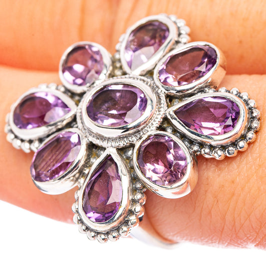 Amethyst flower ring with oval purple stones, .925 sterling silver