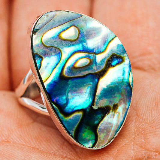 Oval abalone inlay ring in polished sterling silver, deep blue-green glow, size 9