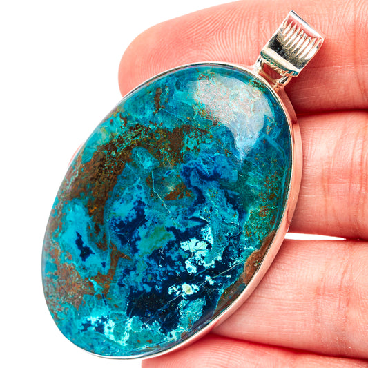 Shattuckite pendant, oval blue cabochon in .925 sterling silver bezel with bail