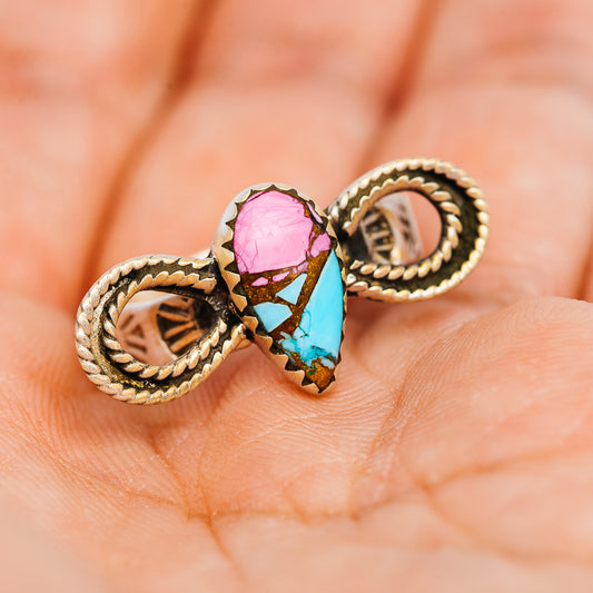 Turquoise and pink gemstone adjustable ring with rope-edge design, .925 sterling silver