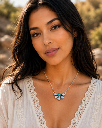 Southwestern Style Aurora Opal, Mohave Turquoise Necklace 17 to 19" (.925 Sterling Silver)