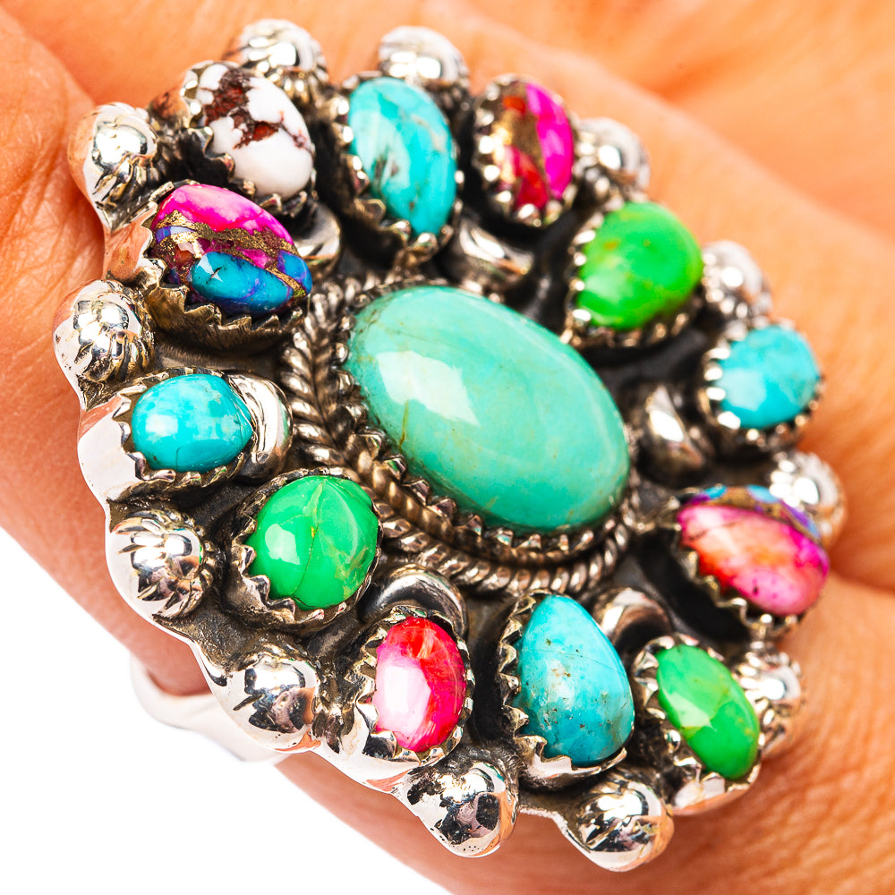 Exclusive Native Style Kingman Turquoise, Mixed Turquoise Ring Size 8 Adjustable (.925 Sterling Silver)