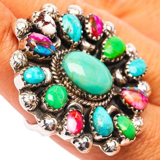 Sterling silver turquoise cluster ring with oval green/blue stones and beaded accents
