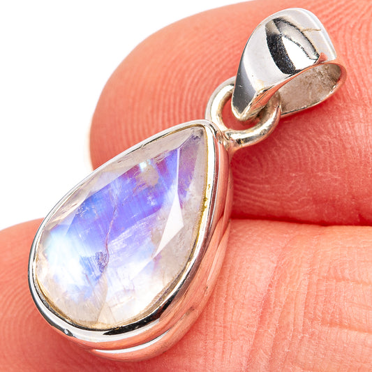 Teardrop moonstone pendant in .925 sterling silver bezel, rainbow shimmer facet