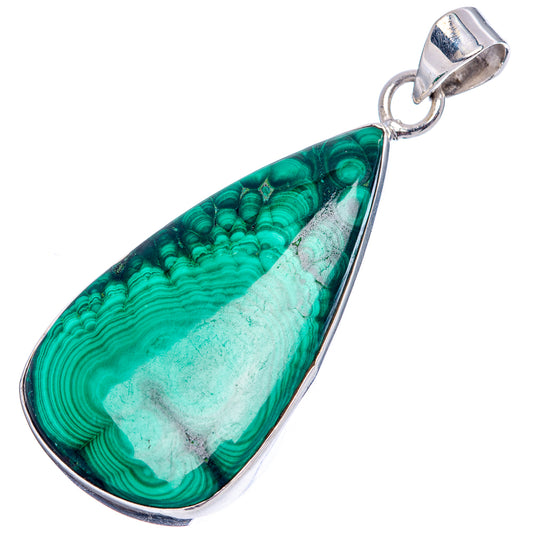 Teardrop malachite pendant with green and light green marbled bands in .925 sterling silver