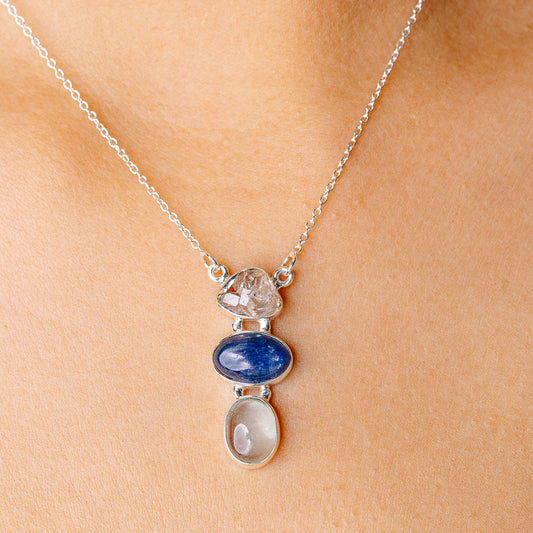 Kyanite, Rainbow Aquamarine, Herkimer Diamond Necklace 16.375" (925 Sterling Silver) N90260