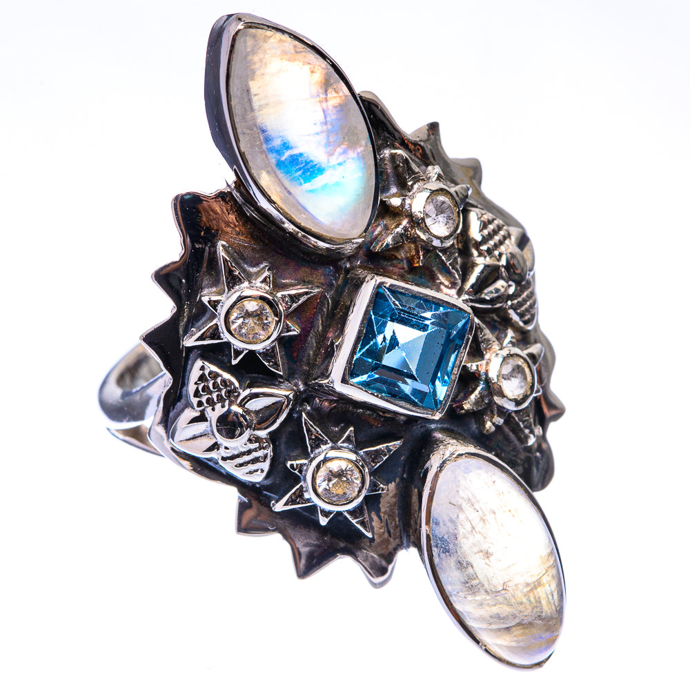 Signature Rainbow Moonstone, Blue Topaz Ring Size 9 (925 Sterling Silver) R141689