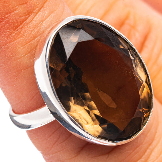 Sterling silver smoky quartz ring with oval dark brown faceted gemstone, wide band