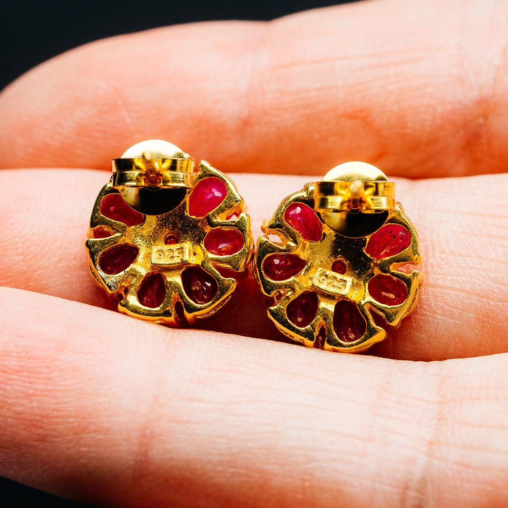 Ruby Floral Cluster Earrings 1/2" (.925 Sterling Silver) 24k Gold Plated