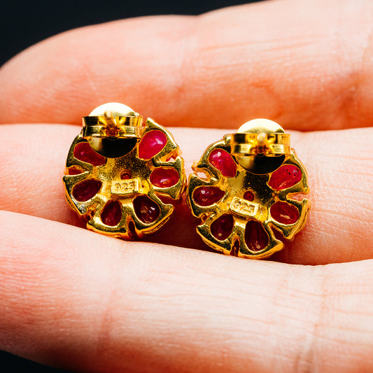 Ruby Floral Cluster Earrings 1/2" (.925 Sterling Silver) 24k Gold Plated