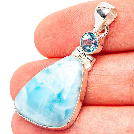 Larimar blue teardrop pendant with round blue topaz, .925 sterling silver