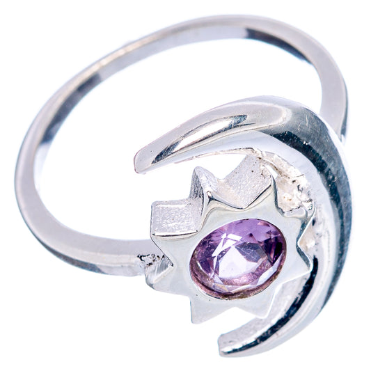 Dainty .925 sterling silver moon-and-star ring with round amethyst-purple gemstone