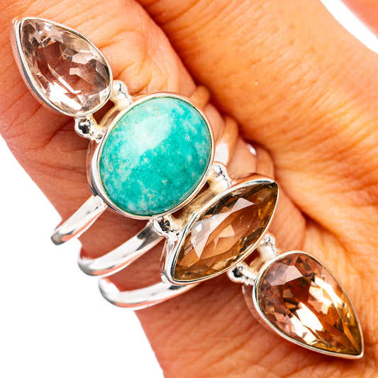 925 sterling silver ring with oval turquoise amazonite center and faceted ametrine sides