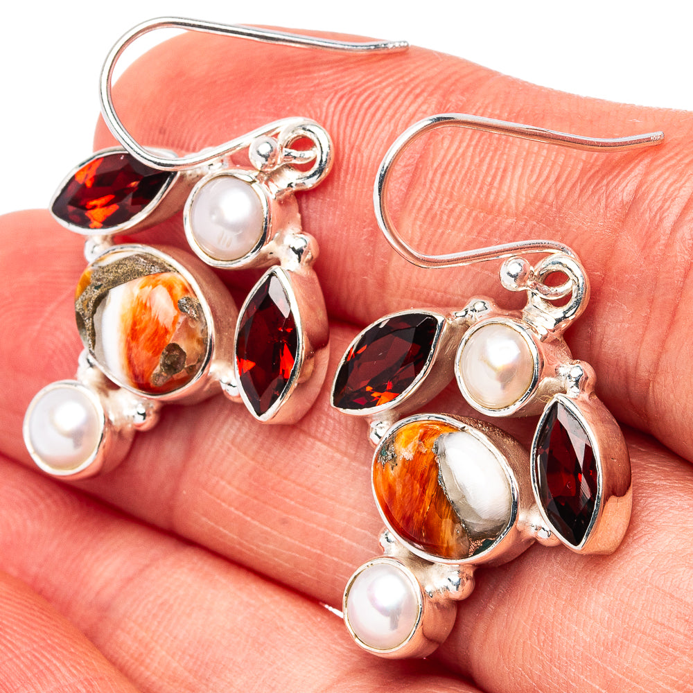 Premium Spiny Oyster Turquoise, Garnet, Pearl Earrings 1 1/2" (.925 Sterling Silver)