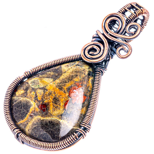 Oxidized copper wire-wrapped teardrop pendant with mottled obsidian and coil bail