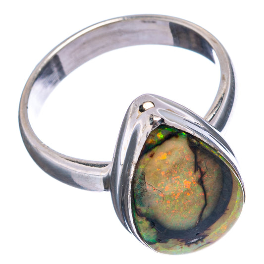 Sterling silver opal ring with oval cabochon and open back setting, green and orange flashes