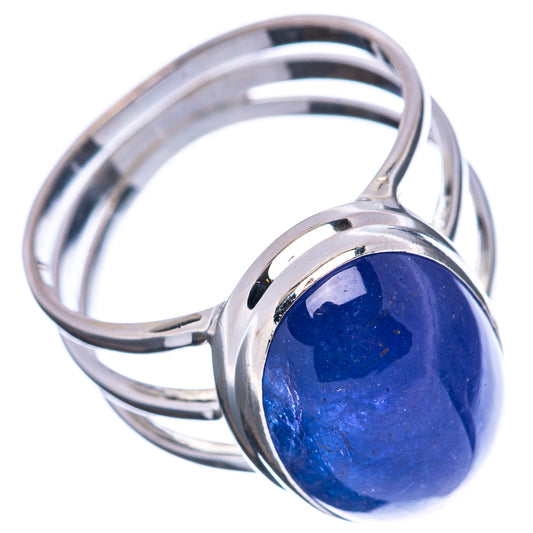Blue oval tanzanite ring in .925 sterling silver, angled view of bezel setting