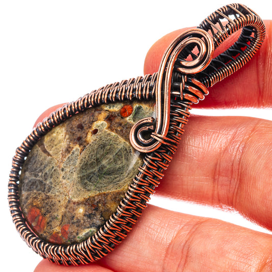 Oxidized copper wire-wrapped teardrop pendant with multicolor stone and loop bail