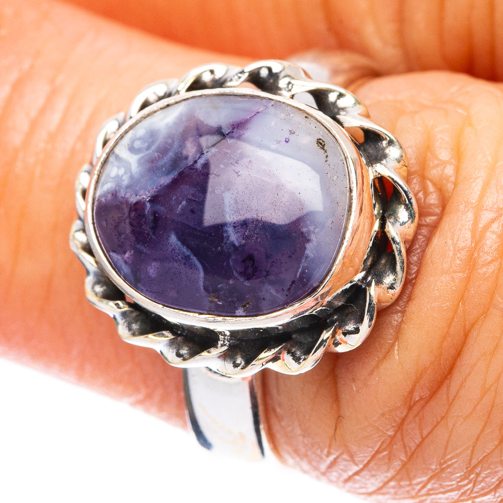 Oval purple opal ring, ornate sterling silver bezel, top view