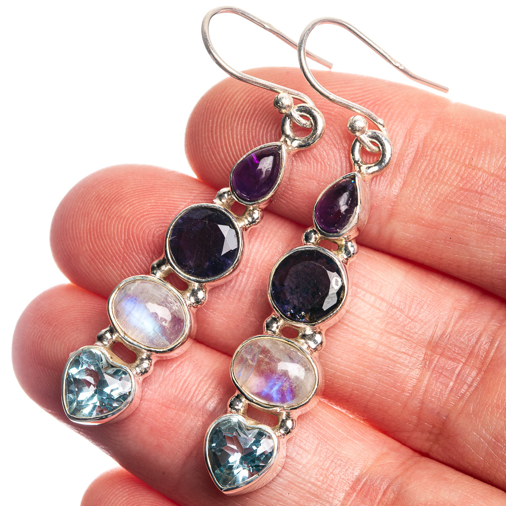 Rainbow Moonstone, Tanzanite, Blue Topaz, Amethyst 925 Sterling Silver Earrings 1 7/8"