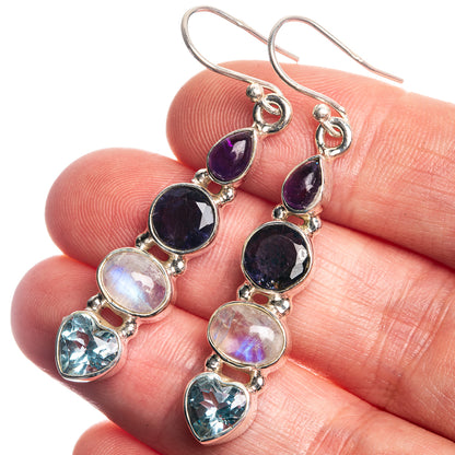 Rainbow Moonstone, Tanzanite, Blue Topaz, Amethyst 925 Sterling Silver Earrings 1 7/8"