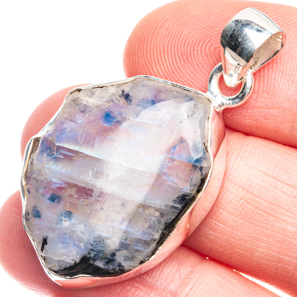 Moonstone pendant in sterling silver bezel, white with blue flashes and prong edge detail