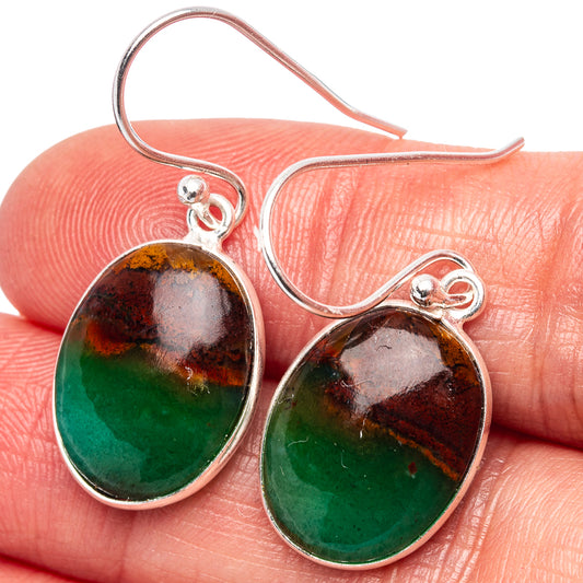 Oval opalized wood drop earrings with .925 sterling silver hooks, dark green and burgundy.