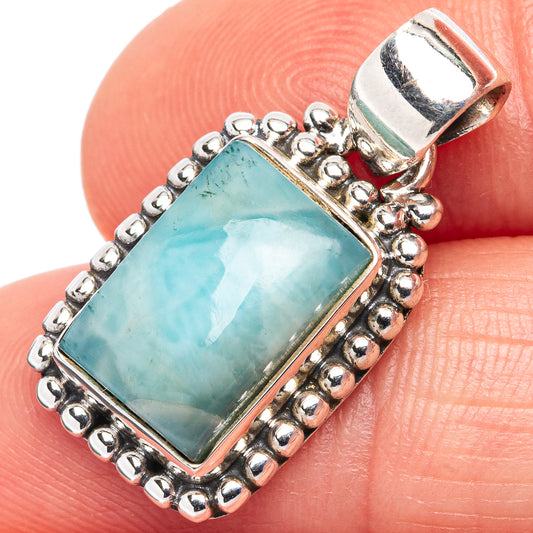 Rectangular larimar pendant in .925 sterling silver with beaded border and bail