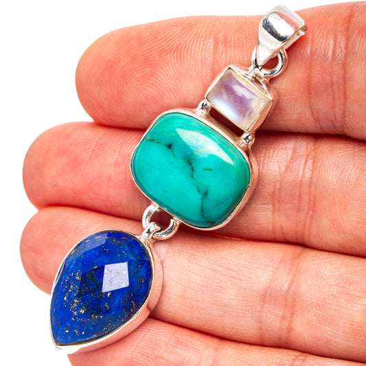 Oval turquoise and lapis lazuli gemstone pendant with .925 sterling silver links
