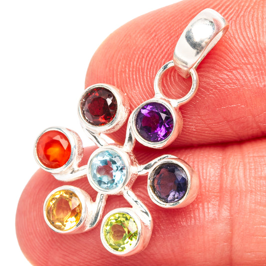 Sterling silver chakra pendant with round multicolor gemstone charms on bail