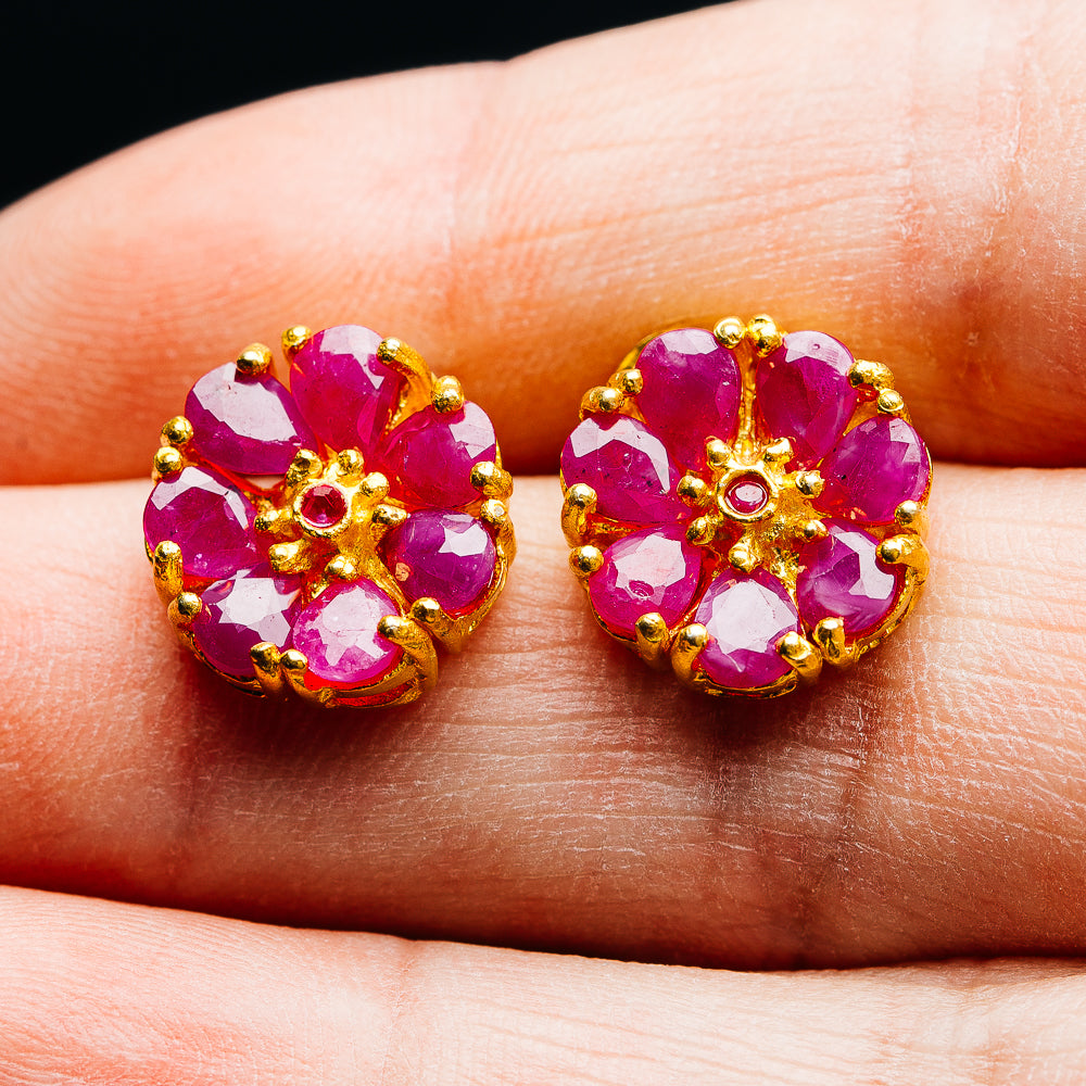 Ruby Floral Cluster Earrings 1/2" (.925 Sterling Silver) 24k Gold Plated