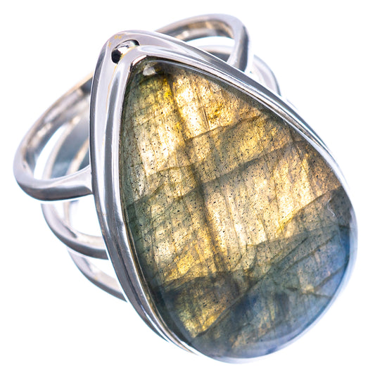 Labradorite gemstone ring, size 6.25, oval cabochon, .925 sterling silver bezel, gold-green flash