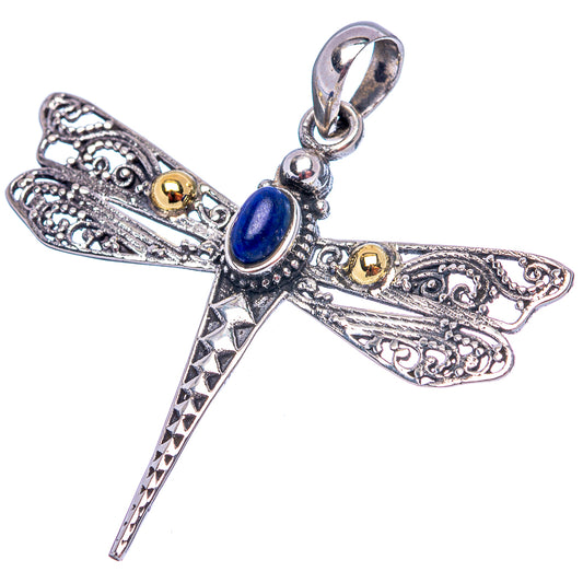 Sterling silver dragonfly pendant with lapis lazuli blue oval and hanging loop, detailed wings