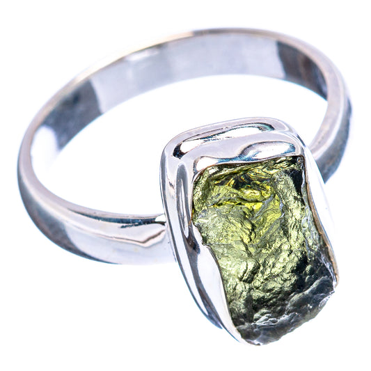 Silver moldavite ring with rectangular faceted green stone, size 6