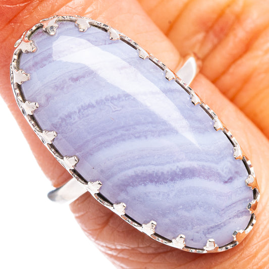 Oval blue lace agate sterling silver ring with square prongs, close-up