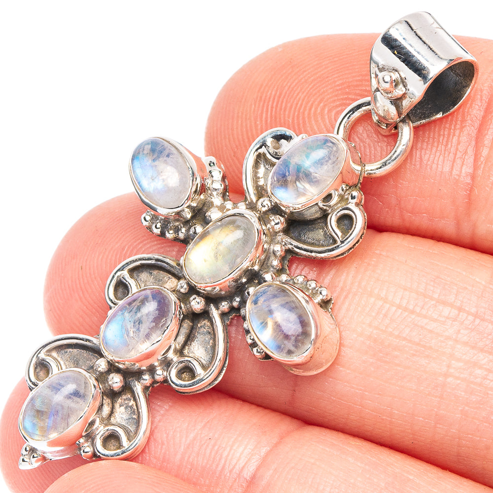 Rainbow Moonstone Cross Pendant 1 3/4" (925 Sterling Silver) P43960