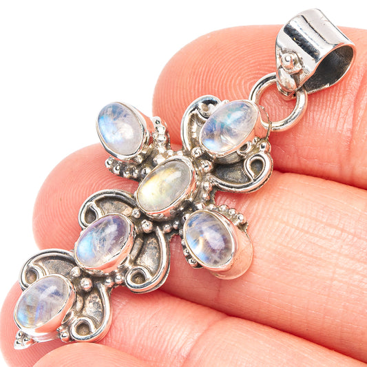 Rainbow Moonstone Cross Pendant 1 3/4" (925 Sterling Silver) P43960