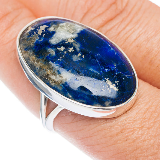 Oval afghanite gemstone ring in .925 sterling silver, blue stone with gold matrix