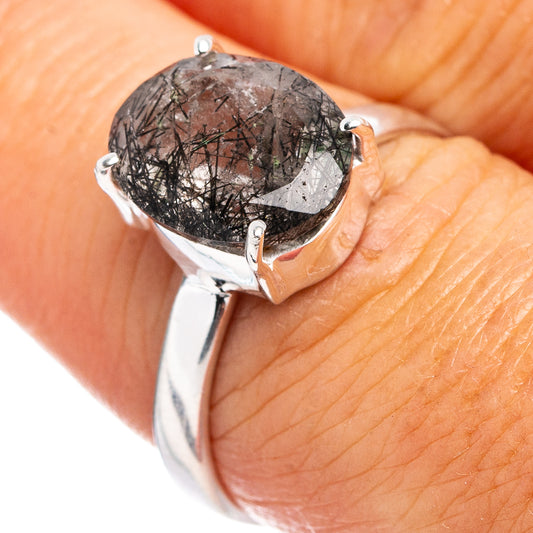 Tourmalinated quartz gemstone ring in .925 sterling silver, oval black crystal setting