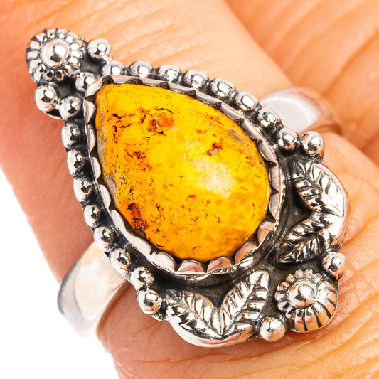 Amber yellow teardrop jasper ring with .925 sterling silver beaded edge and leaf setting